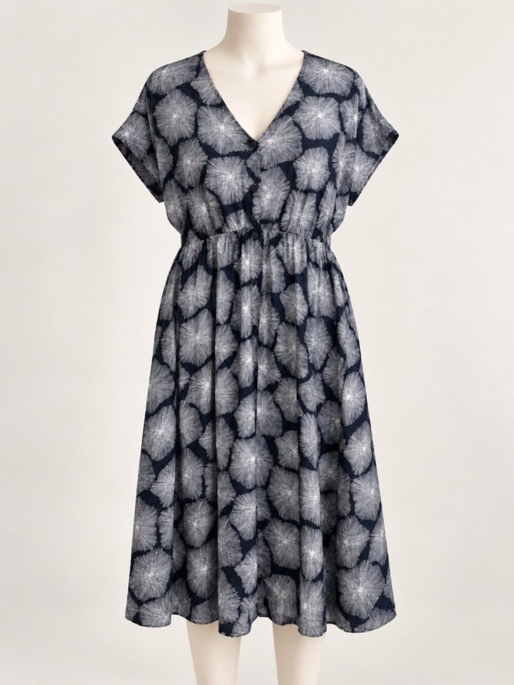 Nordstrom Rack Womens L Navy White Floral Button Front Midi Dress Linen Blend